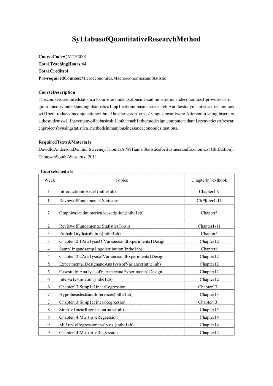 国贸专业英文大纲--Syllabus-of-Quantitative-Research-Method.docx_第1页