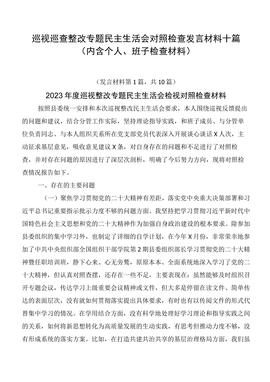 巡视巡查整改专题民主生活会对照检查发言材料十篇.docx_第1页