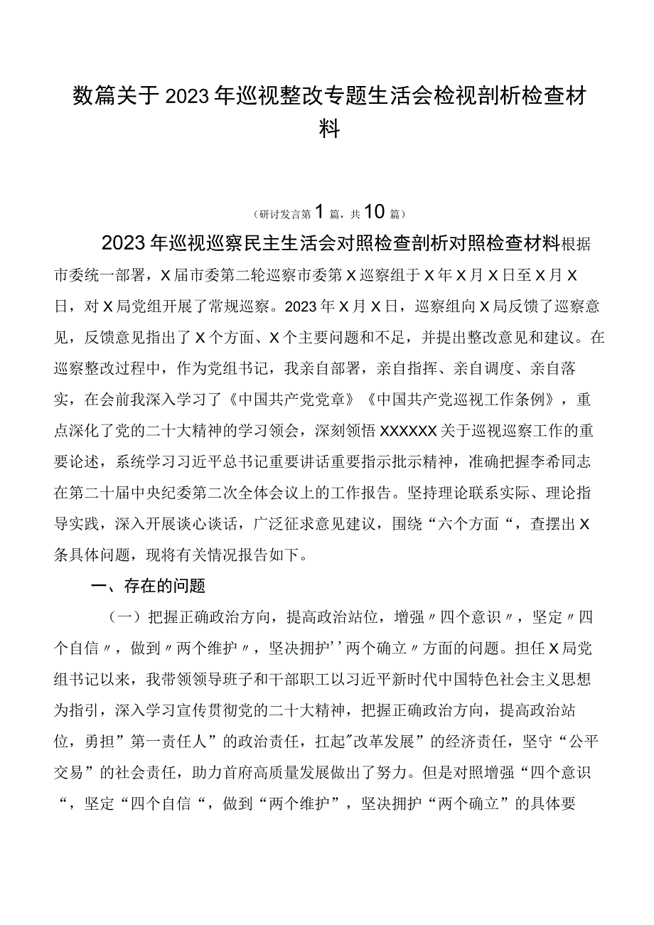 数篇关于2023年巡视整改专题生活会检视剖析检查材料.docx_第1页