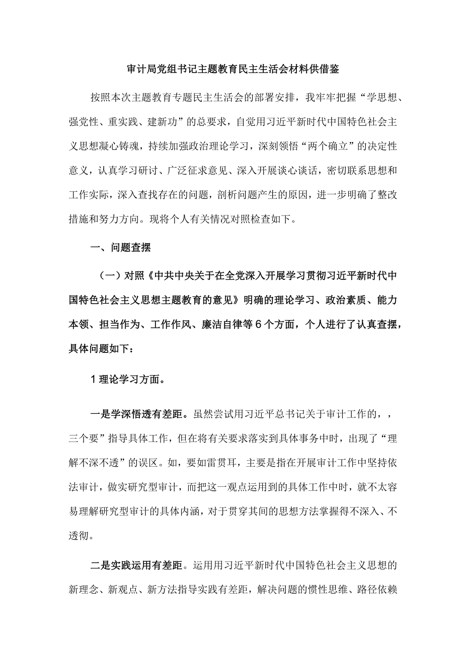 审计局党组书记主题教育民主生活会材料供借鉴.docx_第1页