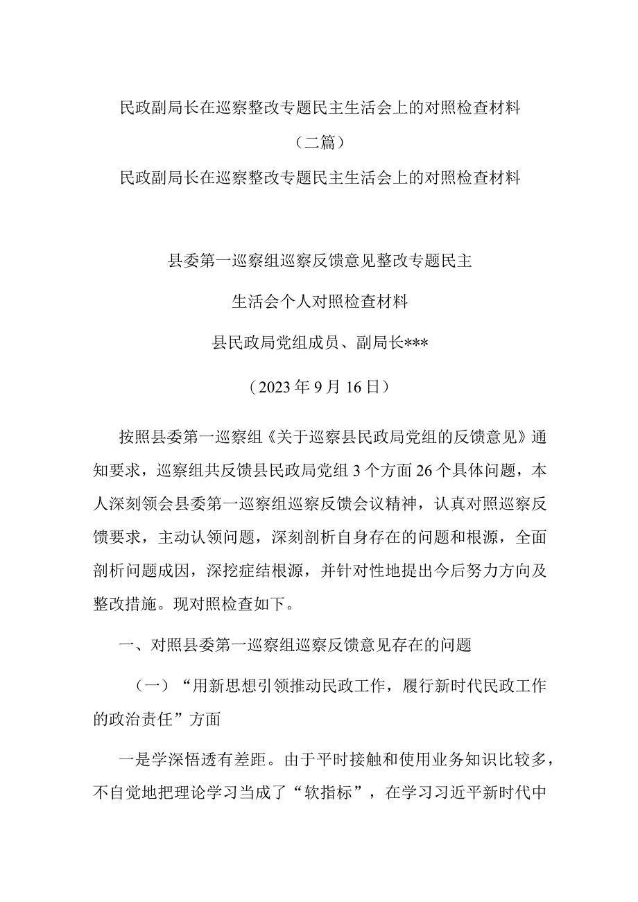 民政副局长在巡察整改专题民主生活会上的对照检查材料(二篇).docx_第1页