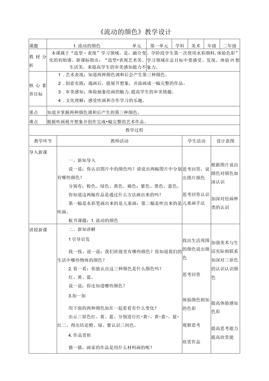 新课标 人教版 美术二年级上册 第一课 流动的颜色 核心素养教案.docx_第1页