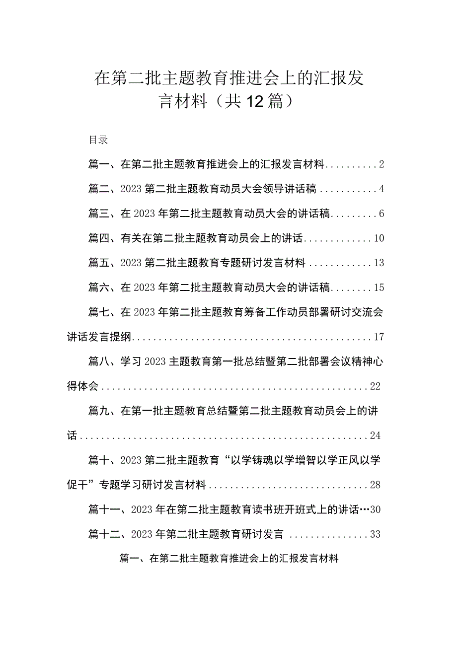 在第二批主题教育推进会上的汇报发言材料（共12篇）.docx_第1页