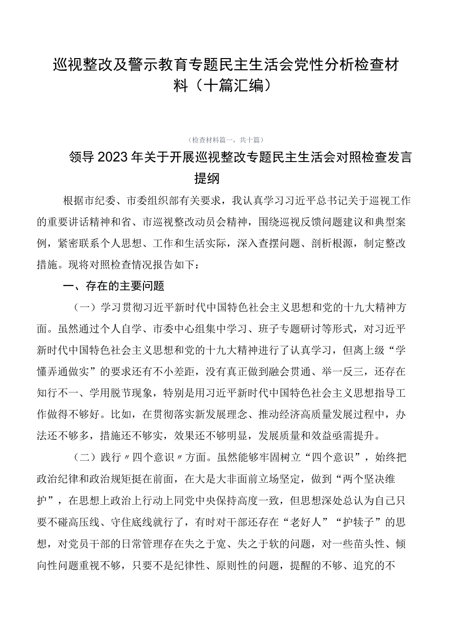 巡视整改及警示教育专题民主生活会党性分析检查材料（十篇汇编）.docx_第1页