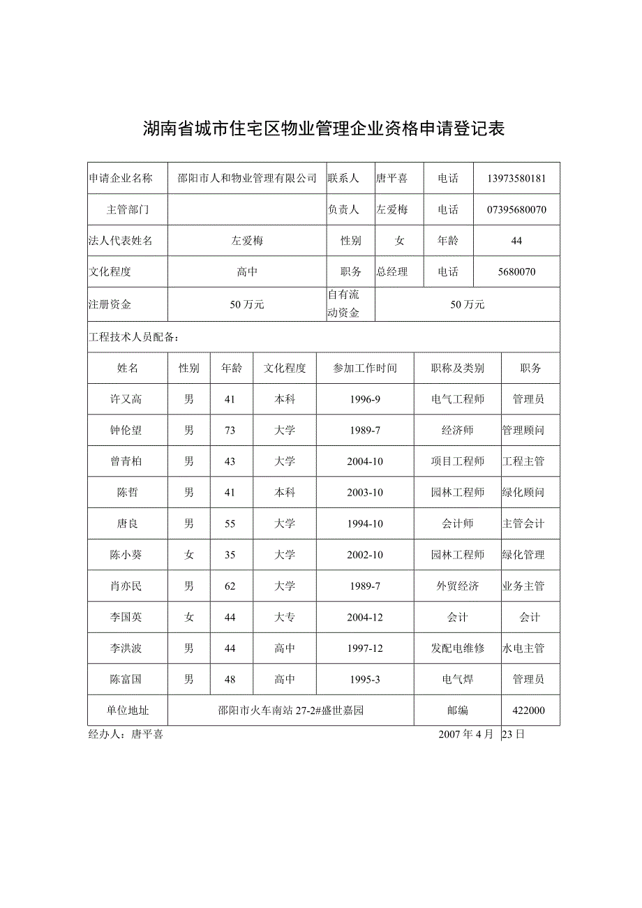 湖南省城市住宅区物业管理企业资格申请登记表[2]（天选打工人）.docx_第1页