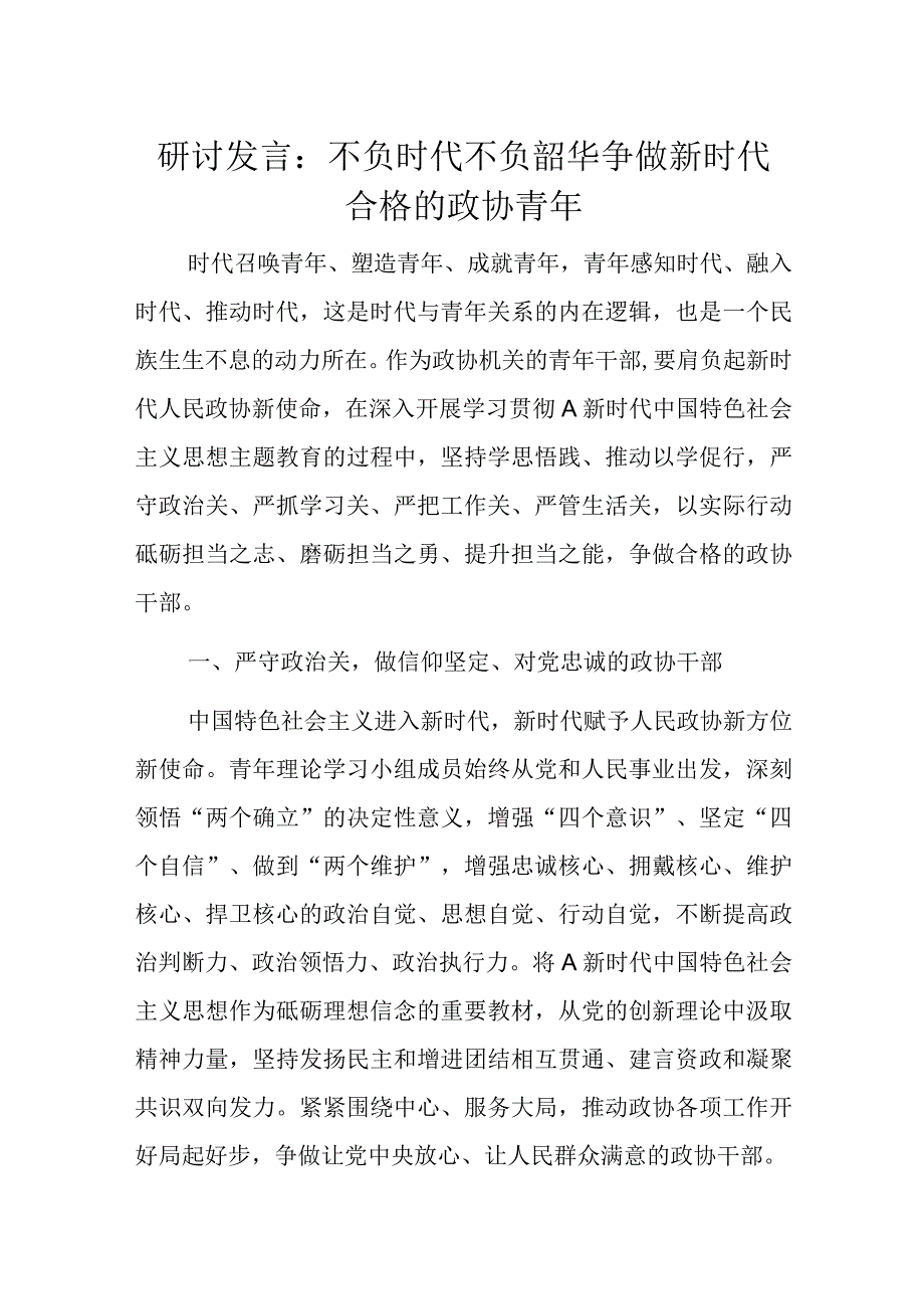 研讨发言：不负时代不负韶华争做新时代合格的政协青年.docx_第1页