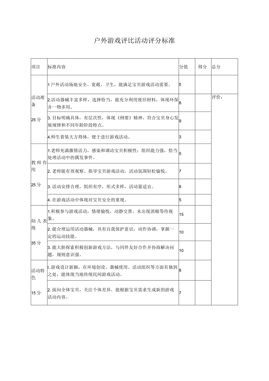 幼儿园户外游戏评比活动评分标准表.docx_第1页