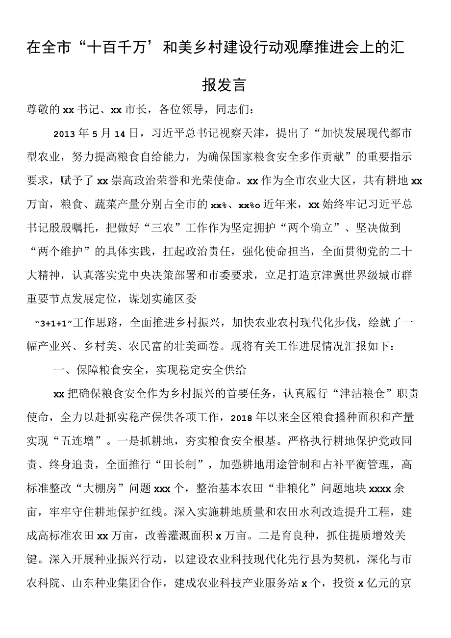 在全市“十百千万”和美乡村建设行动观摩推进会上的汇报发言.docx_第1页