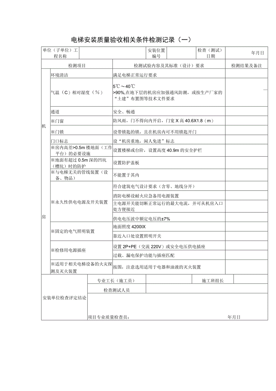 电梯安装质量验收相关条件检测记录（一）.docx_第1页