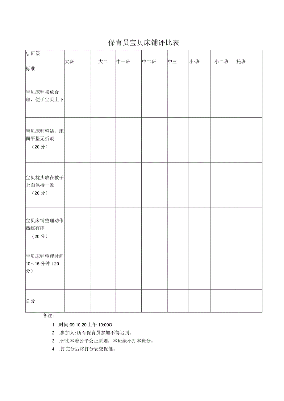 幼儿园保育员床铺整理评比评分表.docx_第1页