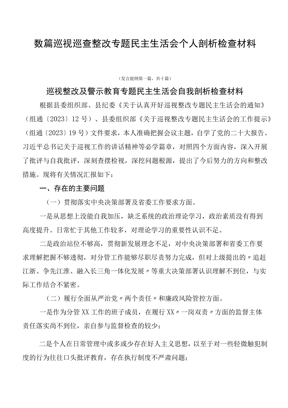 数篇巡视巡查整改专题民主生活会个人剖析检查材料.docx_第1页