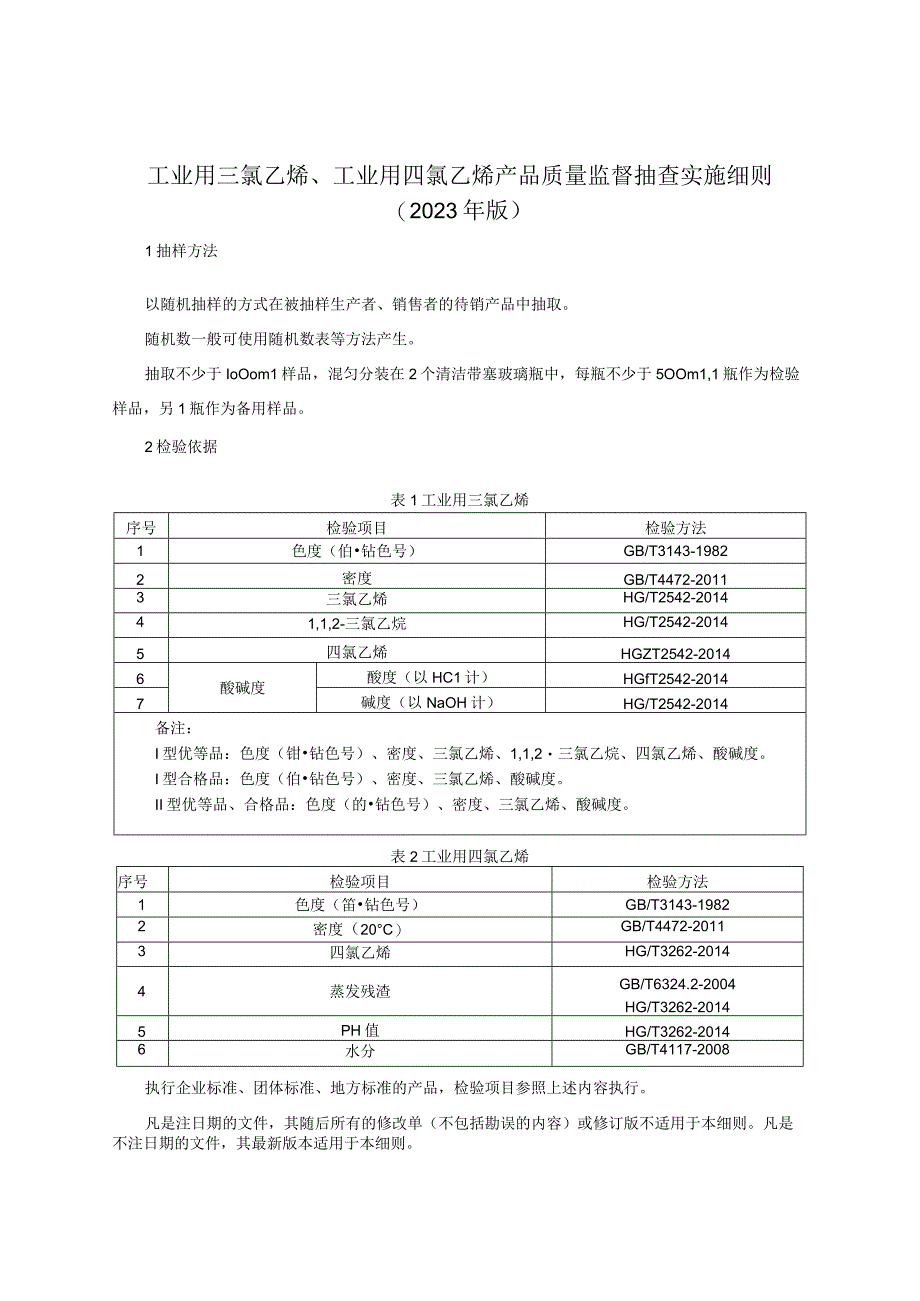 工业用三氯乙烯、工业用四氯乙烯产品质量监督抽查实施细则（2023年版）.docx_第1页