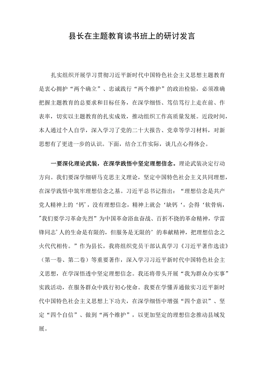 县长在主题教育读书班上的研讨发言.docx_第1页