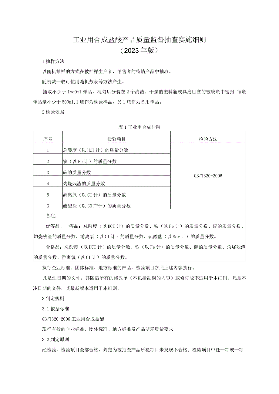 工业用合成盐酸产品质量监督抽查实施细则（2023年版）.docx_第1页