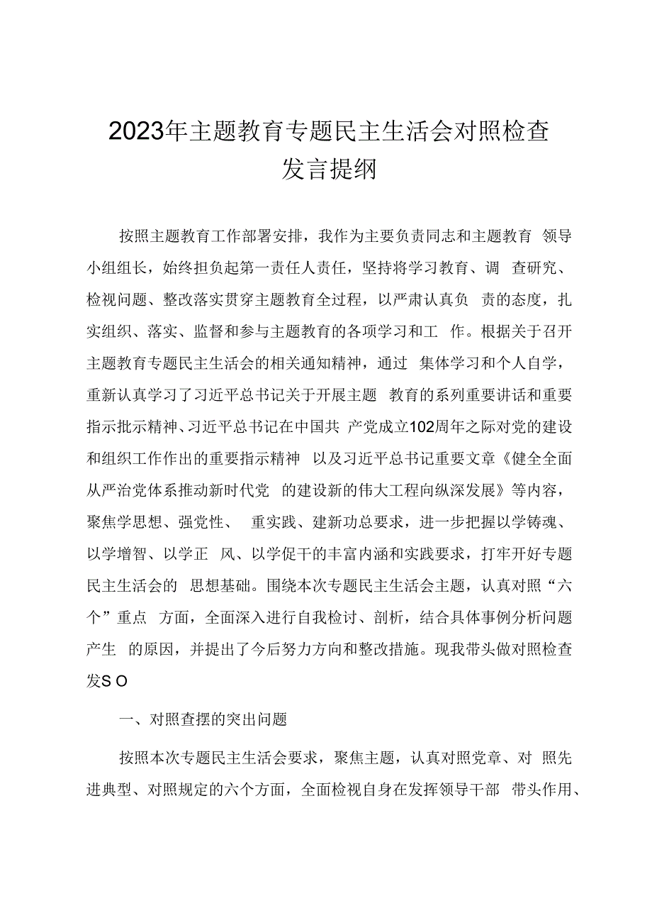 学习贯彻2023年主题教育专题民主生活会对照检查发言提纲（负责人）.docx_第1页