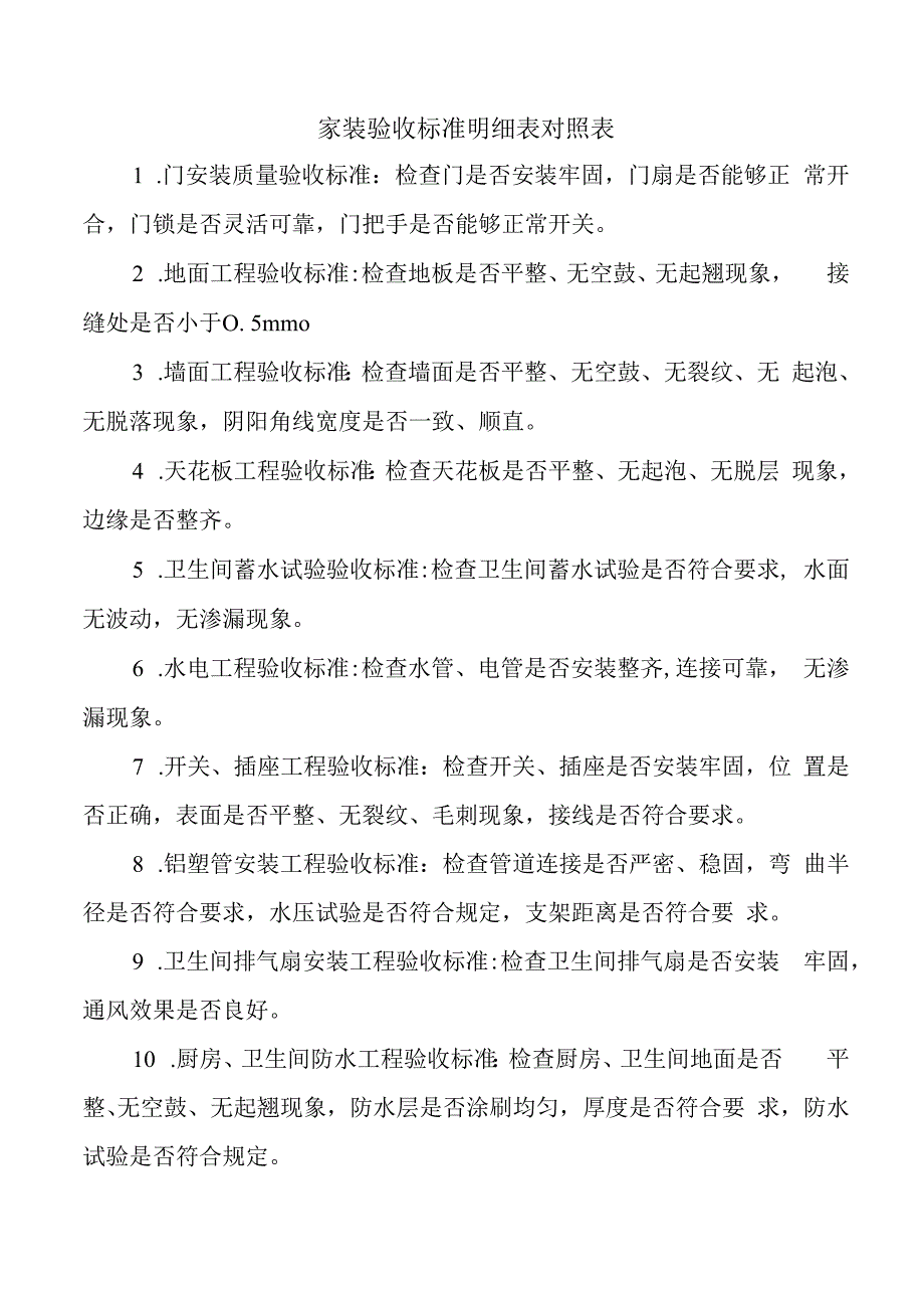 家装验收标准明细表对照表.docx_第1页