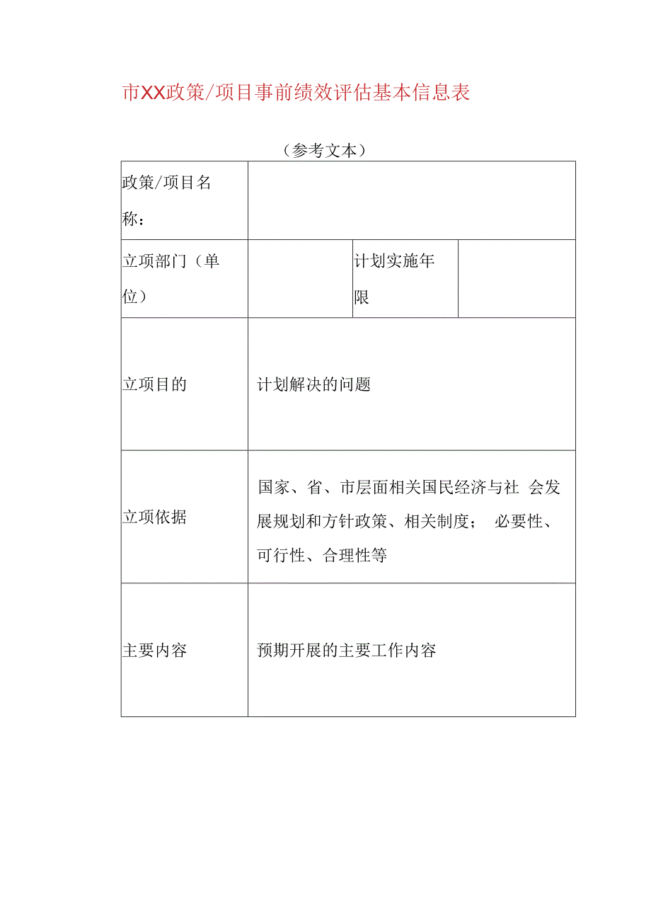 市XX政策项目事前绩效评估基本信息表.docx_第1页