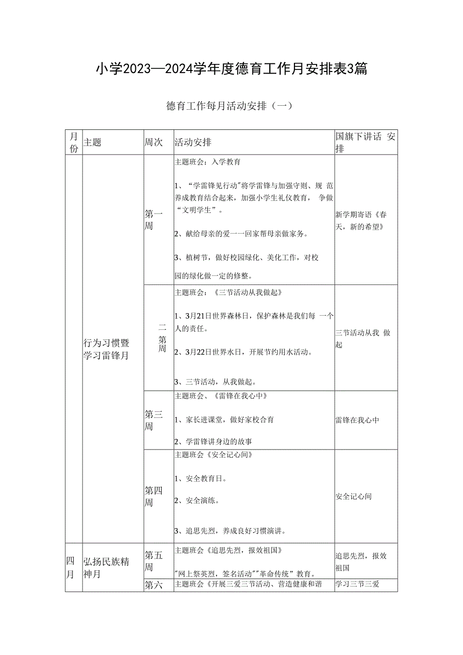 小学2023—2024学年度德育工作月安排表3篇.docx_第1页