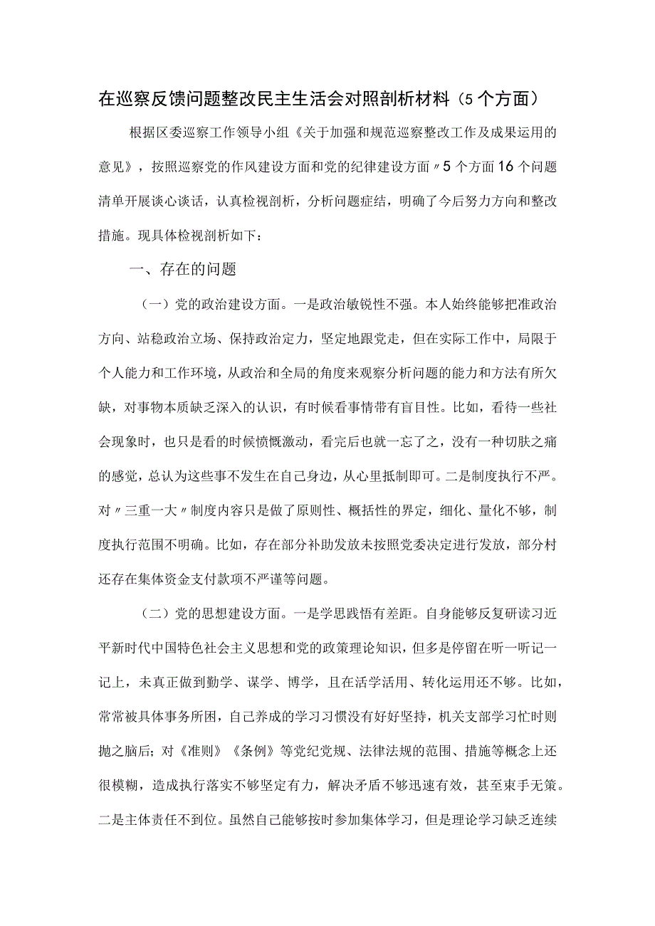 在巡察反馈问题整改民主生活会对照剖析材料（5个方面）.docx_第1页