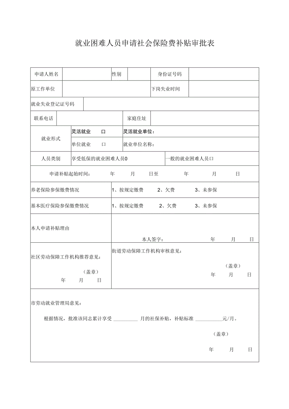 就业困难人员申请社会保险费补贴审批表.docx_第1页