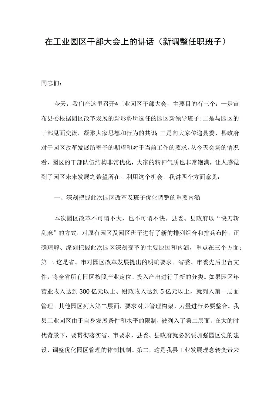 在工业园区干部大会上的讲话（新调整任职班子）.docx_第1页