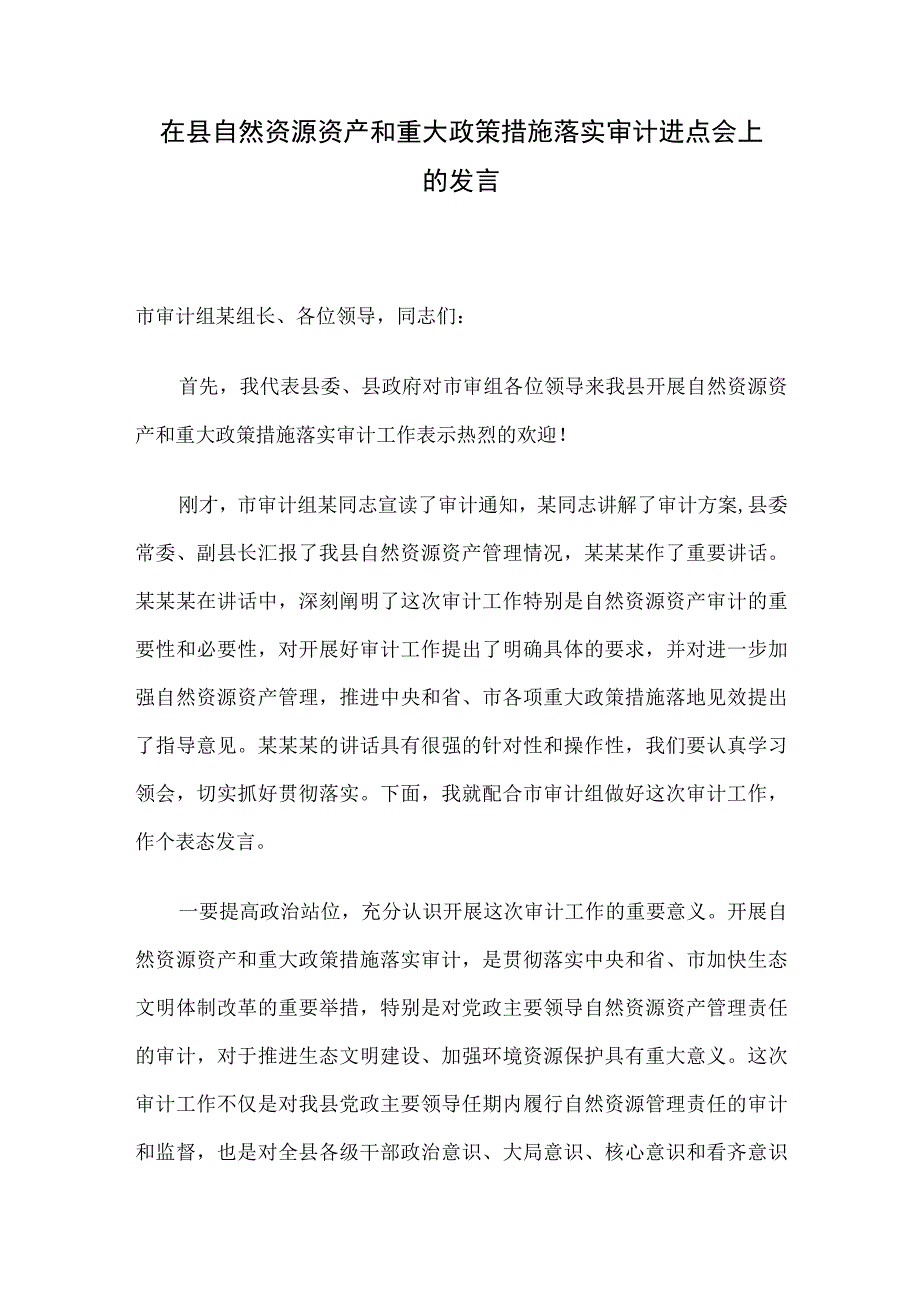 在县自然资源资产和重大政策措施落实审计进点会上的发言.docx_第1页