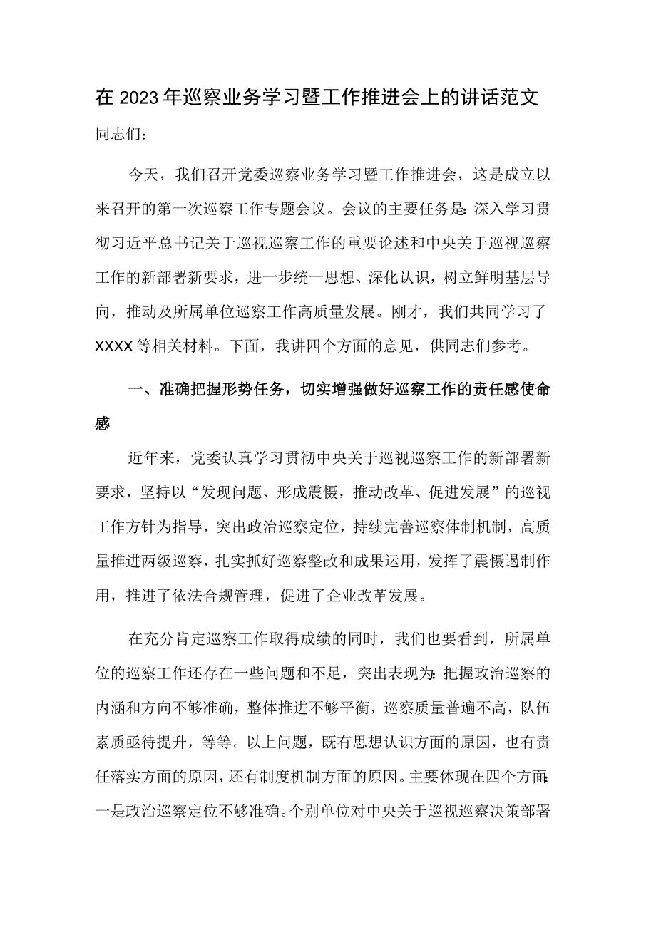 在2023年巡察业务学习暨工作推进会上的讲话范文.docx_第1页