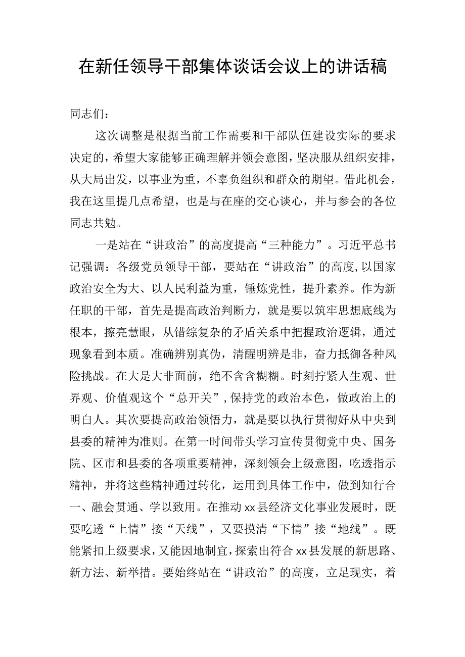 在新任领导干部集体谈话会议上的讲话稿.docx_第1页