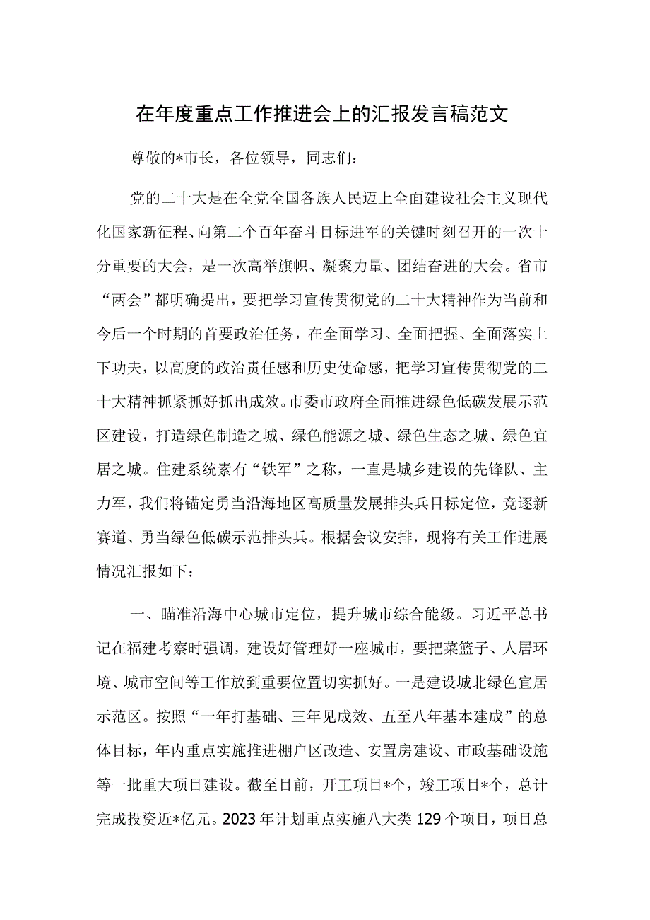 在年度重点工作推进会上的汇报发言稿范文.docx_第1页