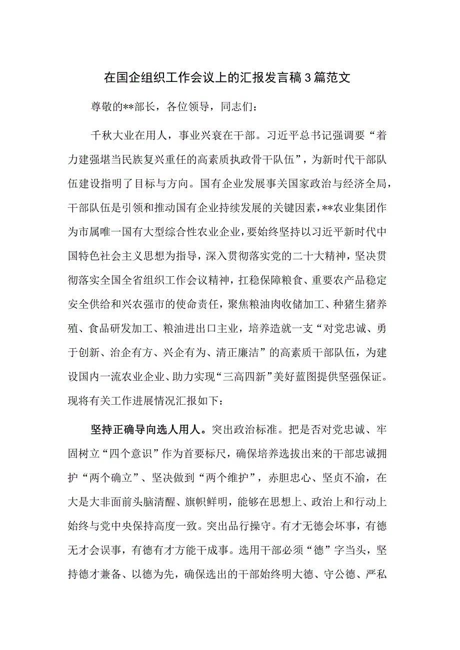 在国企组织工作会议上的汇报发言稿3篇范文.docx_第1页