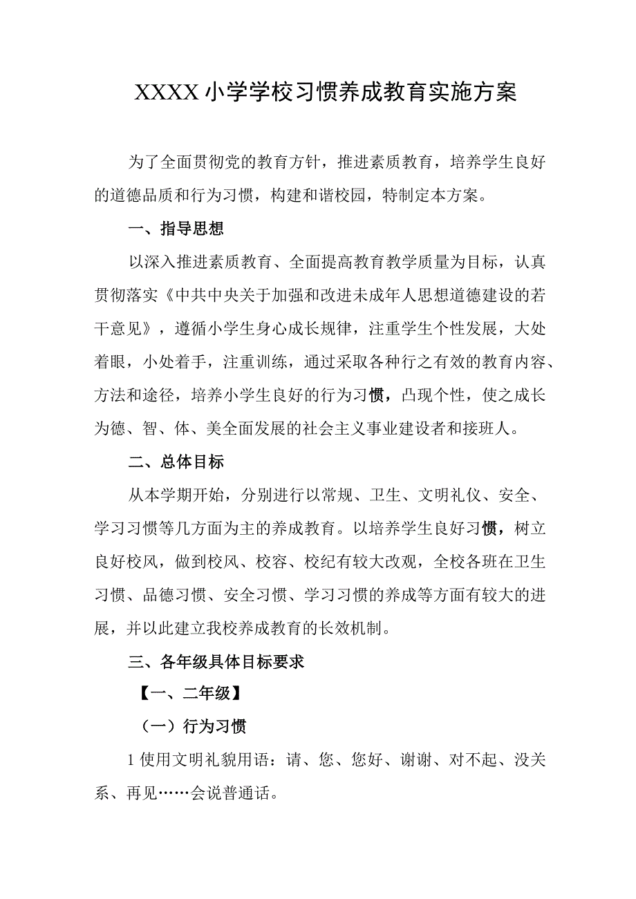 小学学校习惯养成教育实施方案.docx_第1页