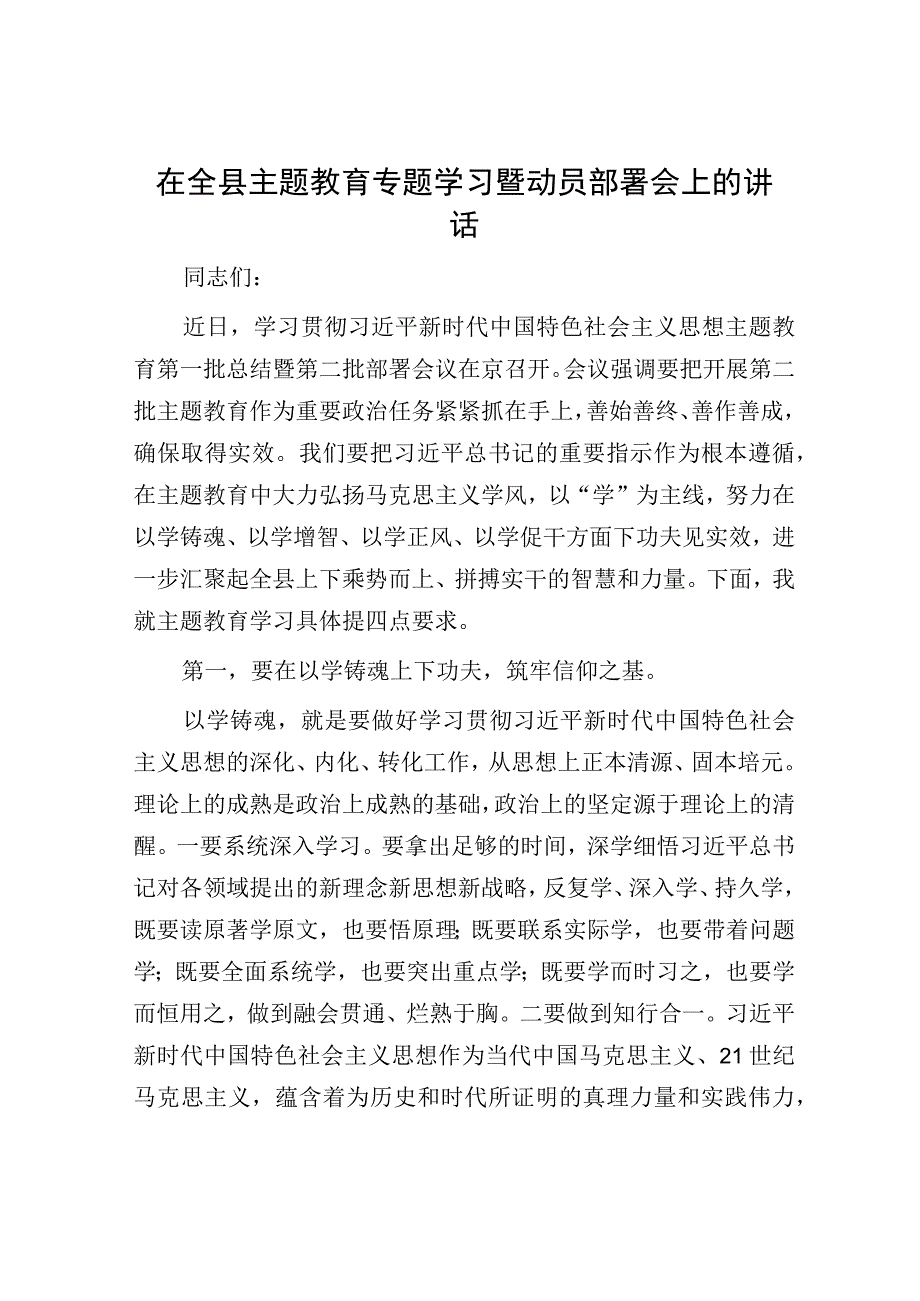 在全县主题教育专题学习暨动员部署会上的讲话.docx_第1页