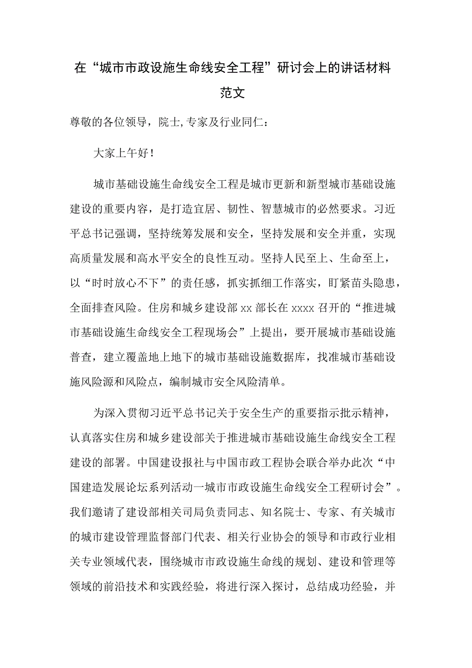 在“城市市政设施生命线安全工程”研讨会上的讲话材料范文.docx_第1页