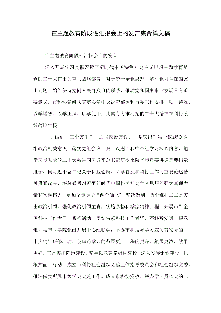 在主题教育阶段性汇报会上的发言集合篇文稿.docx_第1页