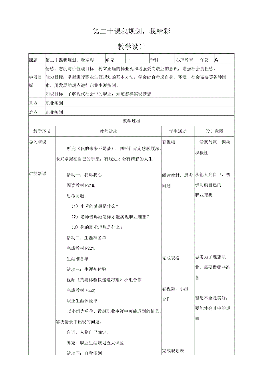 我规划我精彩 教学设计 心理健康八年级全一册.docx_第1页