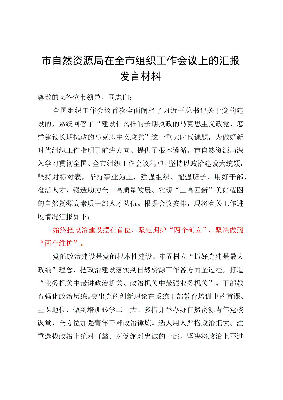 市自然资源局在全市组织工作会议上的汇报发言材料 (1).docx_第1页