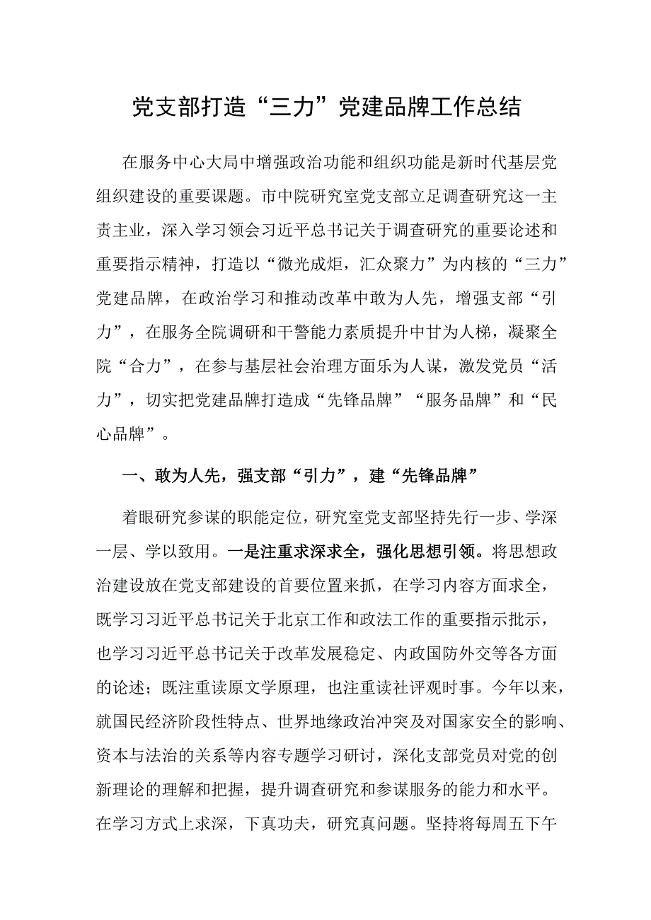 打造“三力”党建品牌工作总结（党支部）.docx_第1页