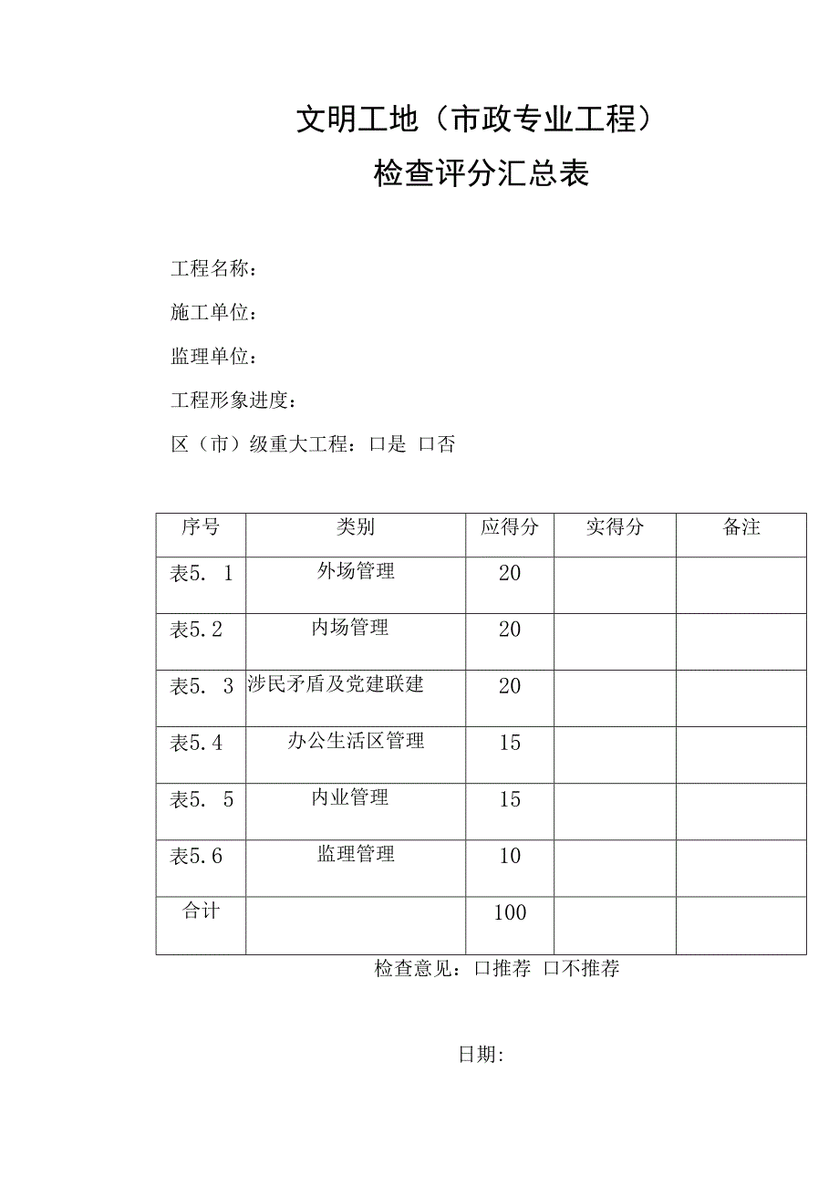 文明工地（市政专业工程）检查评分汇总表.docx_第1页