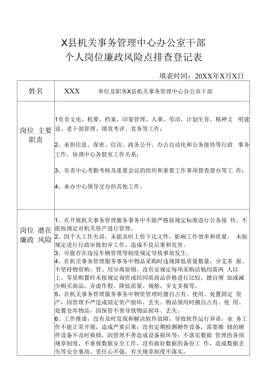 某县机关事务管理中心办公室干部个人岗位廉政风险点排查登记表.docx_第1页