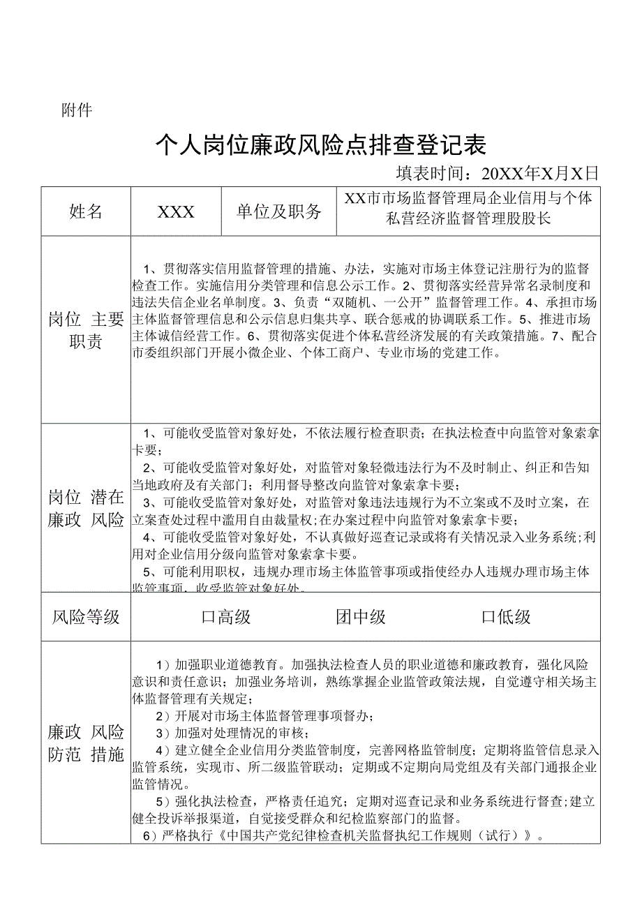 某县市场监督管理部门企业信用与个体私营经济监督管理股股长个人岗位廉政风险点排查登记表.docx_第1页