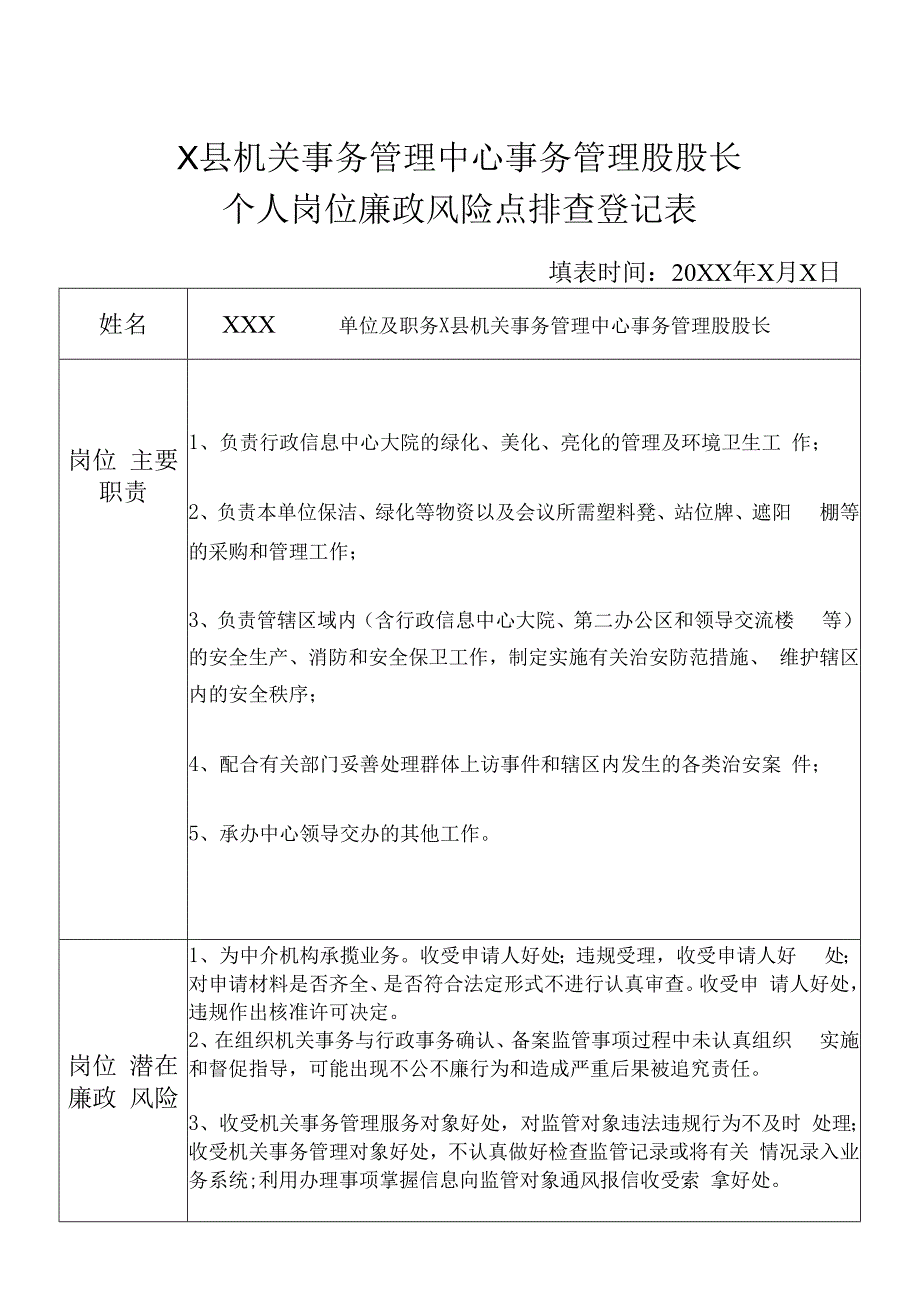 某县机关事务管理中心事务管理务股股长个人岗位廉政风险点排查登记表.docx_第1页