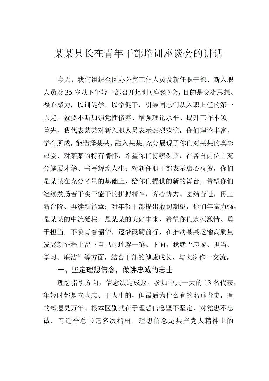 某某县长在青年干部培训座谈会的讲话.docx_第1页