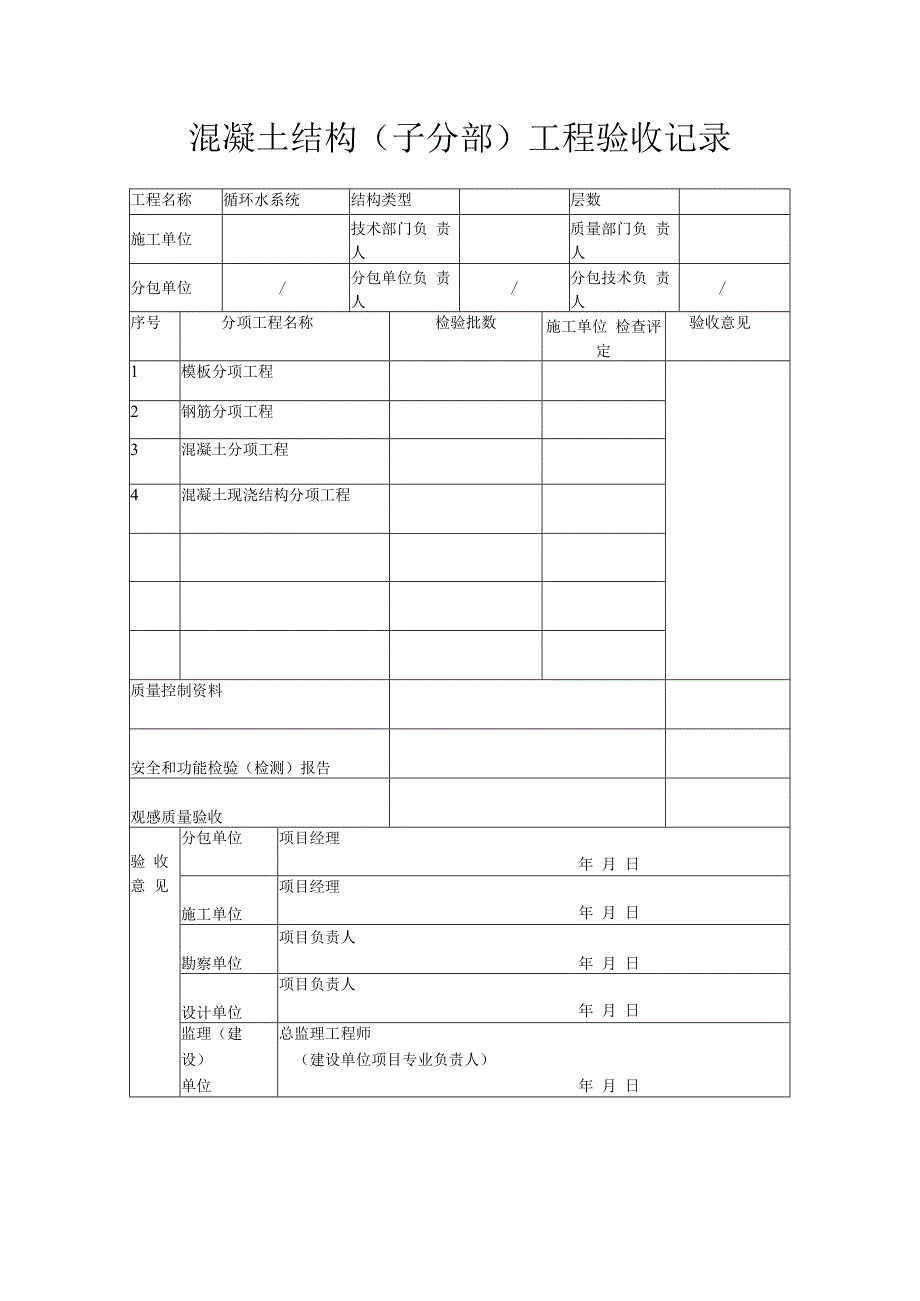 混凝土结构（子分部）工程验收记录.docx_第1页