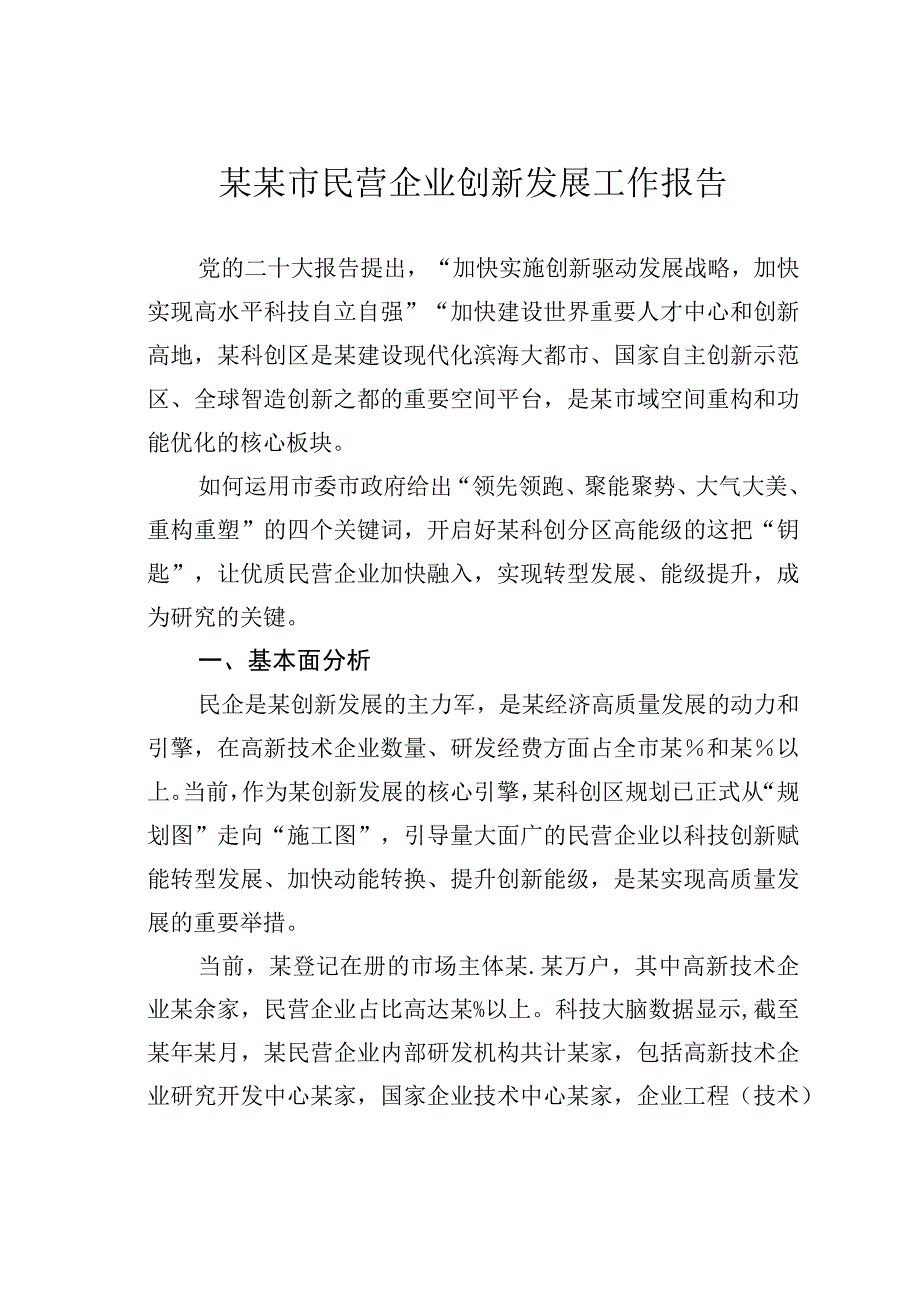 某某市民营企业创新发展工作报告.docx_第1页