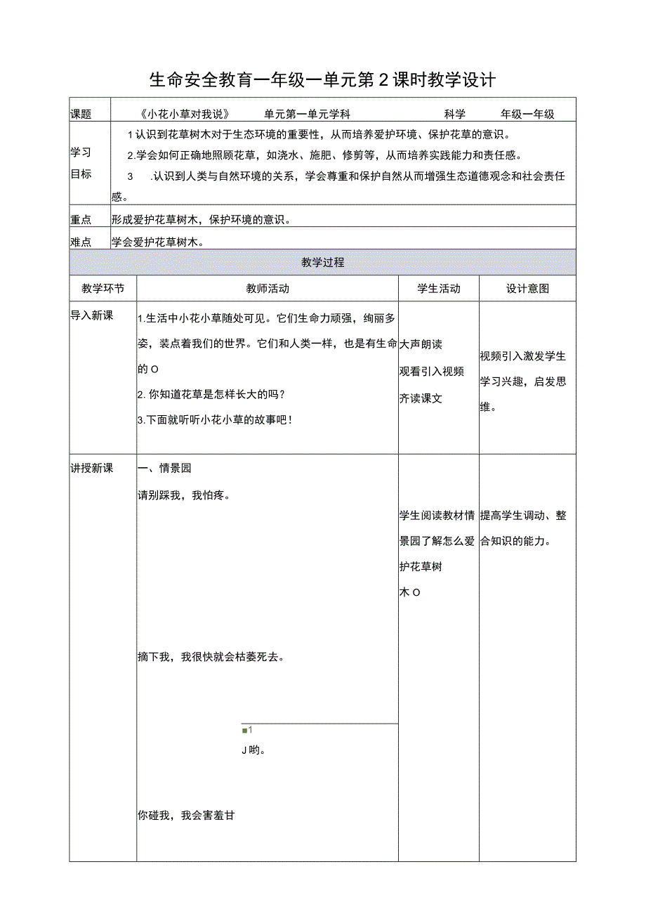 武汉版生命安全教育一年级2小花小草对我说 教案.docx_第1页