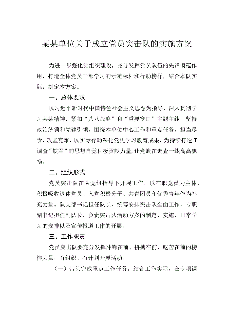 某某单位关于成立党员突击队的实施方案.docx_第1页