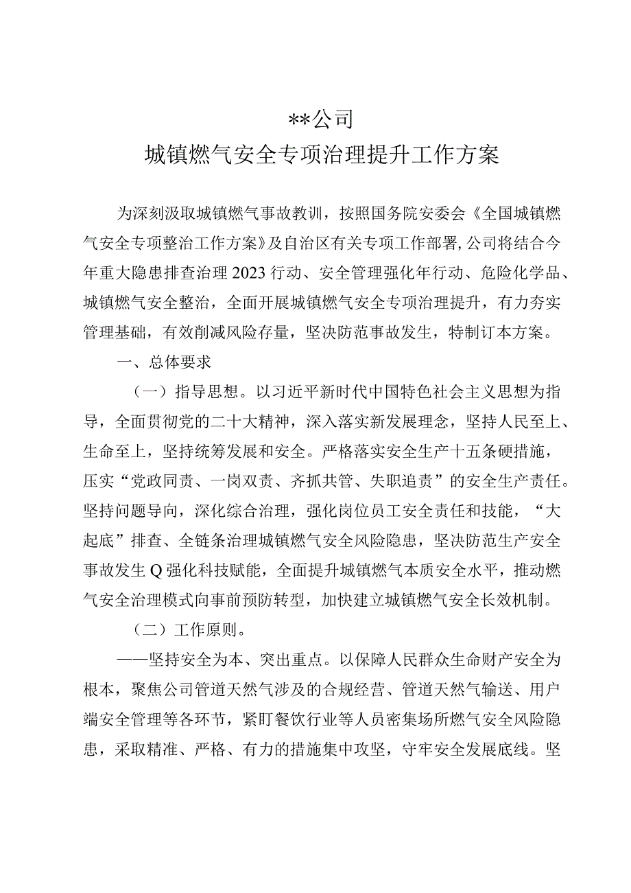 某某公司城镇燃气安全专项治理提升工作方案.docx_第1页