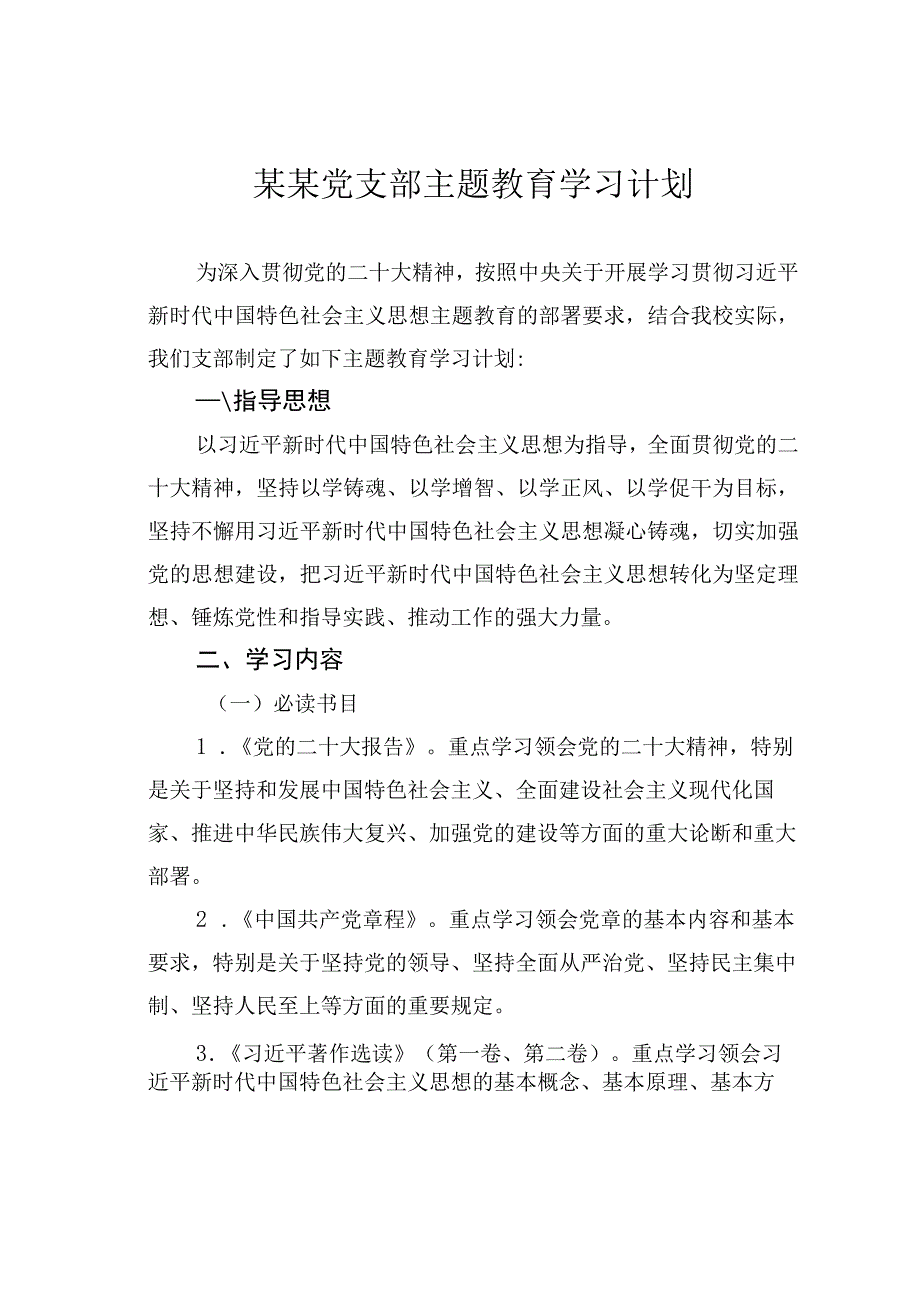 某某党支部主题教育学习计划.docx_第1页