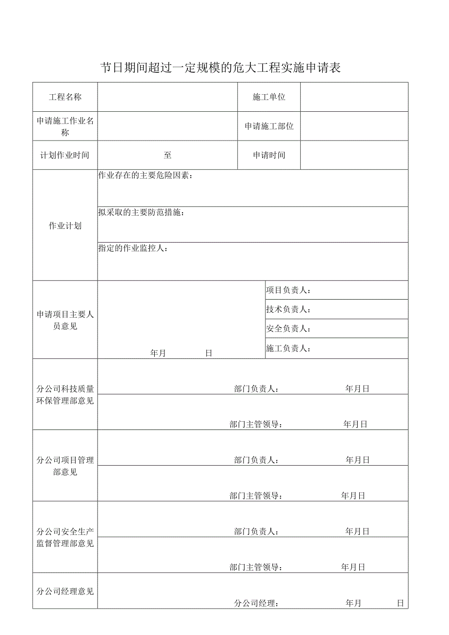 节日期间超过一定规模的危大工程实施申请表.docx_第1页