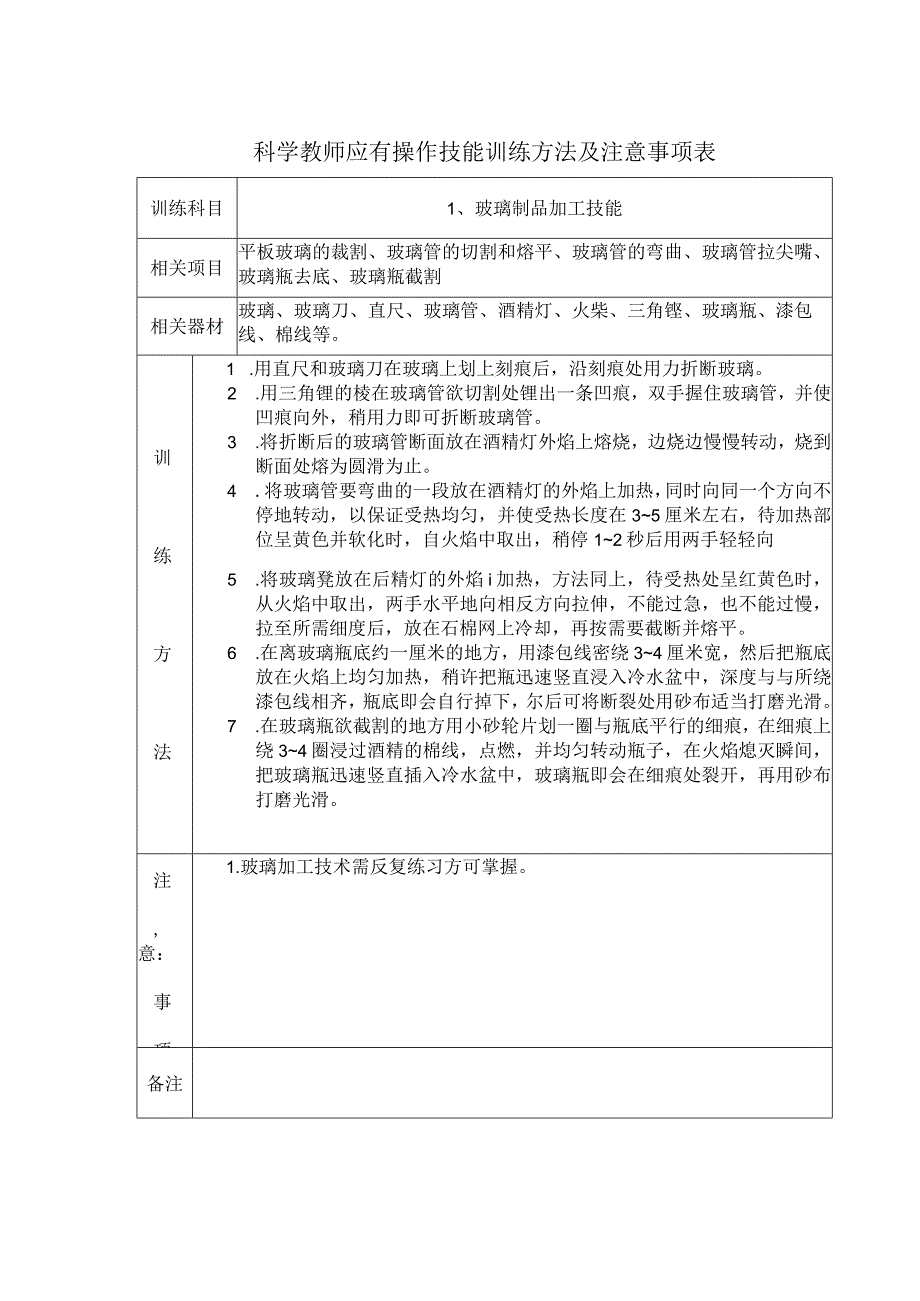 科学教师应有操作技能训练同内容方法及注意事项表.docx_第1页